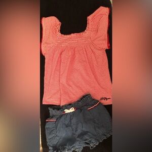 Tommy Hilfiger Red & Navy Girls Matching Set - Striped Top & Shorts